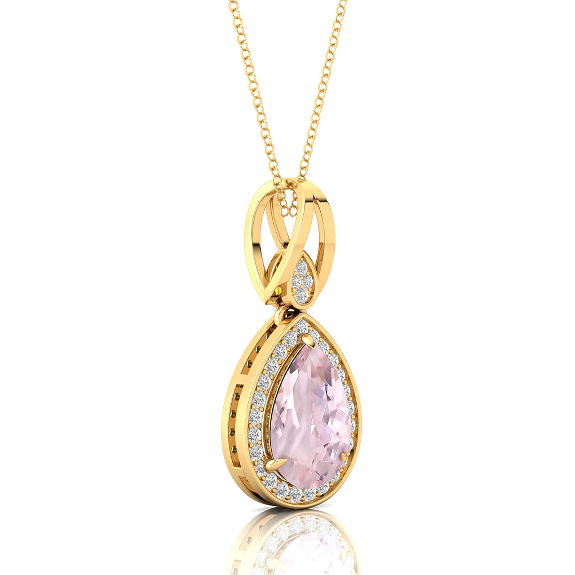 Classic Teardrop Shaped Morganite Halo Diamond Dangle Pendant - GeumJewels