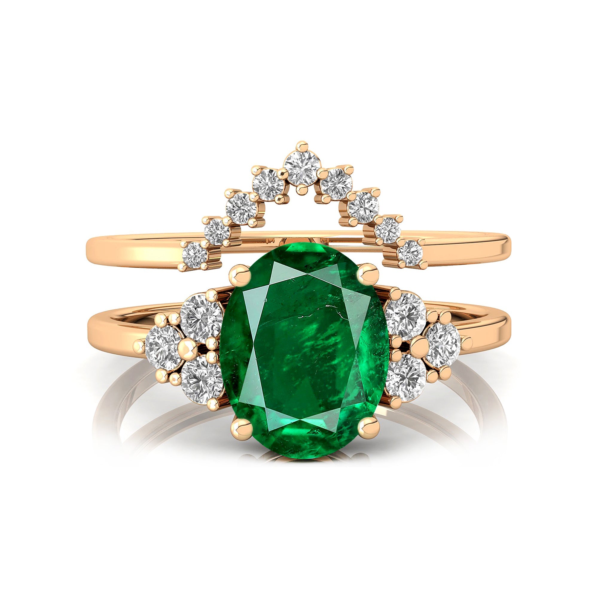 Emerald Solitaire Gold Ring with Stackable Diamond Band - GeumJewels