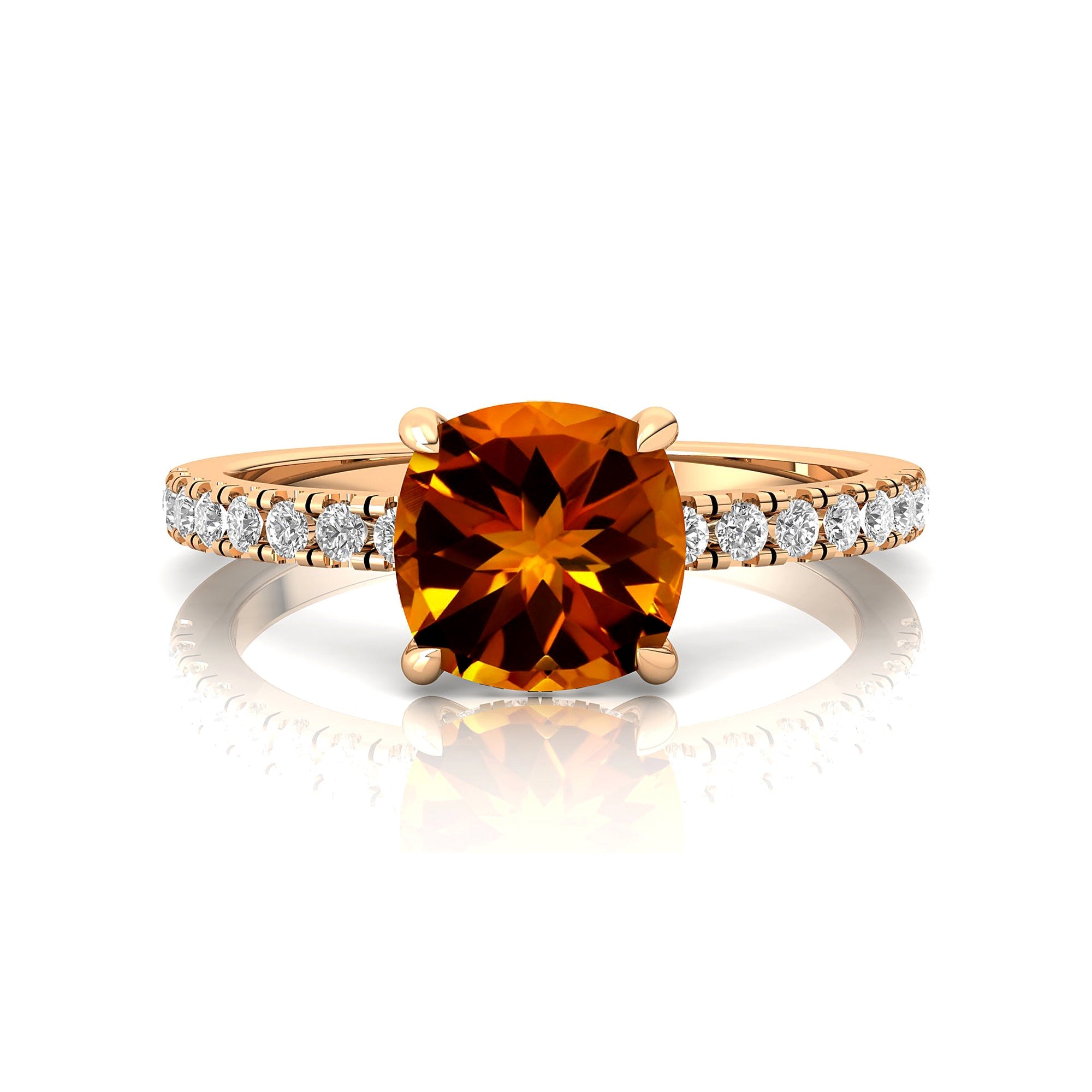 Citrine Square Cushion Under Halo Diamonds Thin Ring with Diamond Band - GeumJewels