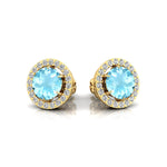 Round Solitaire Aquamarine Halo Diamond Stud Earrings - GeumJewels
