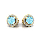 Round Solitaire Aquamarine Halo Diamond Stud Earrings - GeumJewels