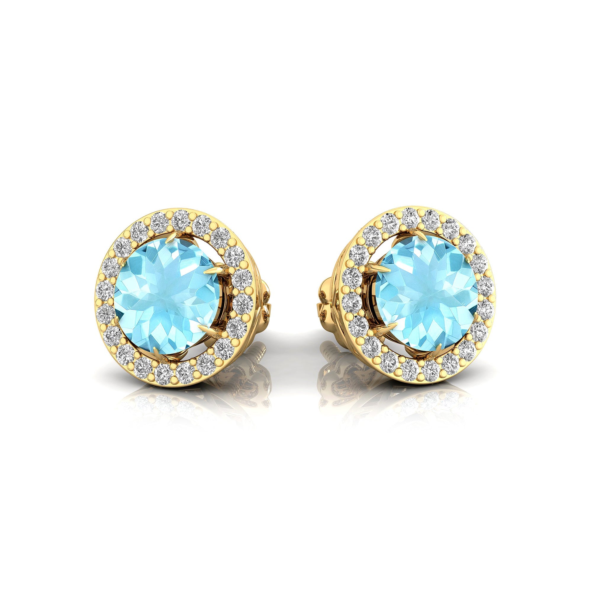 Round Solitaire Aquamarine Halo Diamond Stud Earrings - GeumJewels