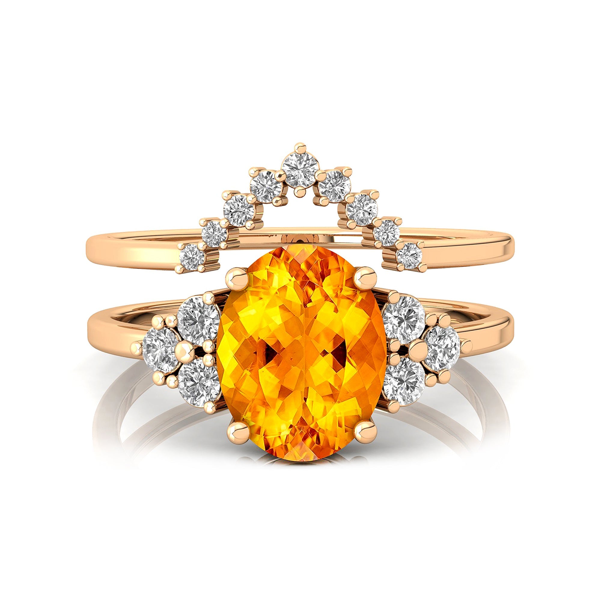 Citrine Solitaire Gold Ring With Stackable Diamond Band - GeumJewels