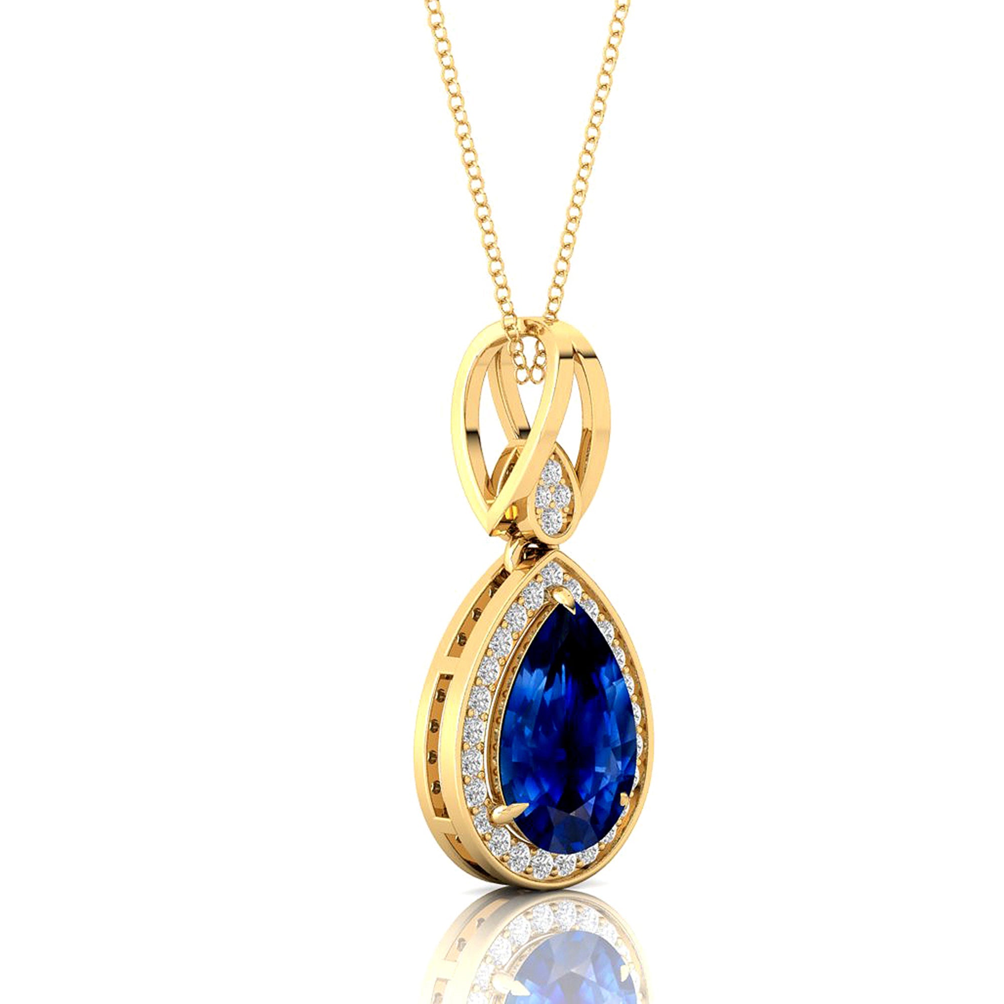 Classic Teardrop Shaped Blue Sapphire Halo Diamond Dangle Pendant - GeumJewels