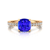 Tanzanite Square Cushion Under Halo Diamonds Thin Ring with Diamond Band - GeumJewels