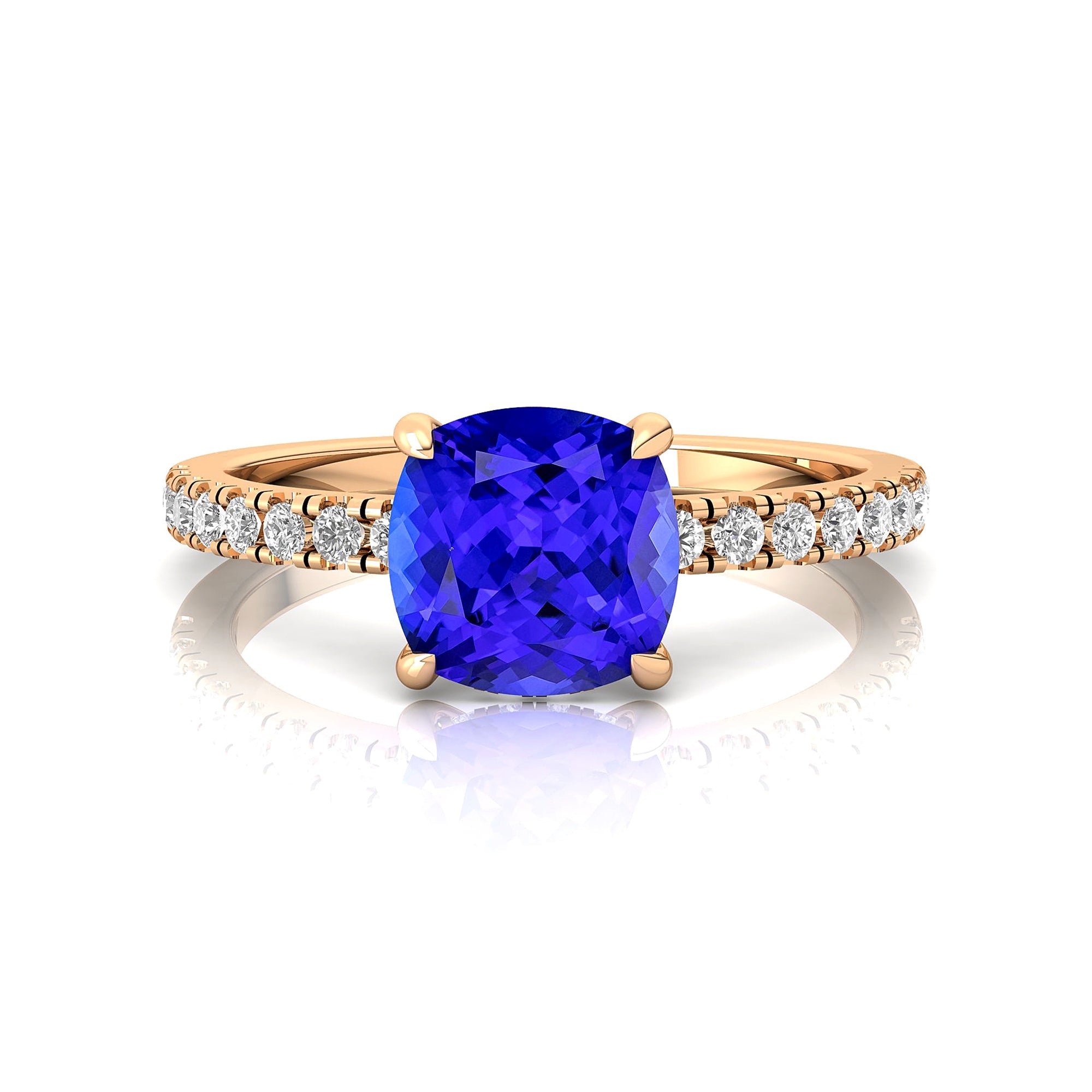 Tanzanite Square Cushion Under Halo Diamonds Thin Ring with Diamond Band - GeumJewels