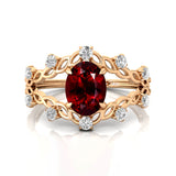 Flower Inspired Ring with Oval Shaped Garnet and Accent Diamonds - GeumJewels