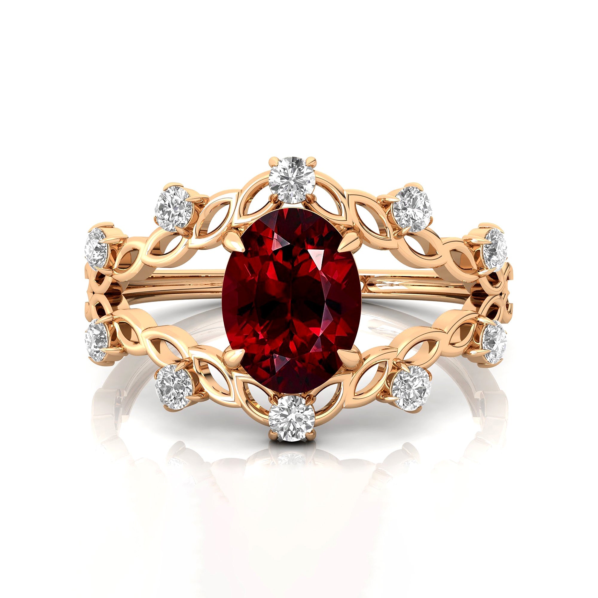 Flower Inspired Ring with Oval Shaped Garnet and Accent Diamonds - GeumJewels