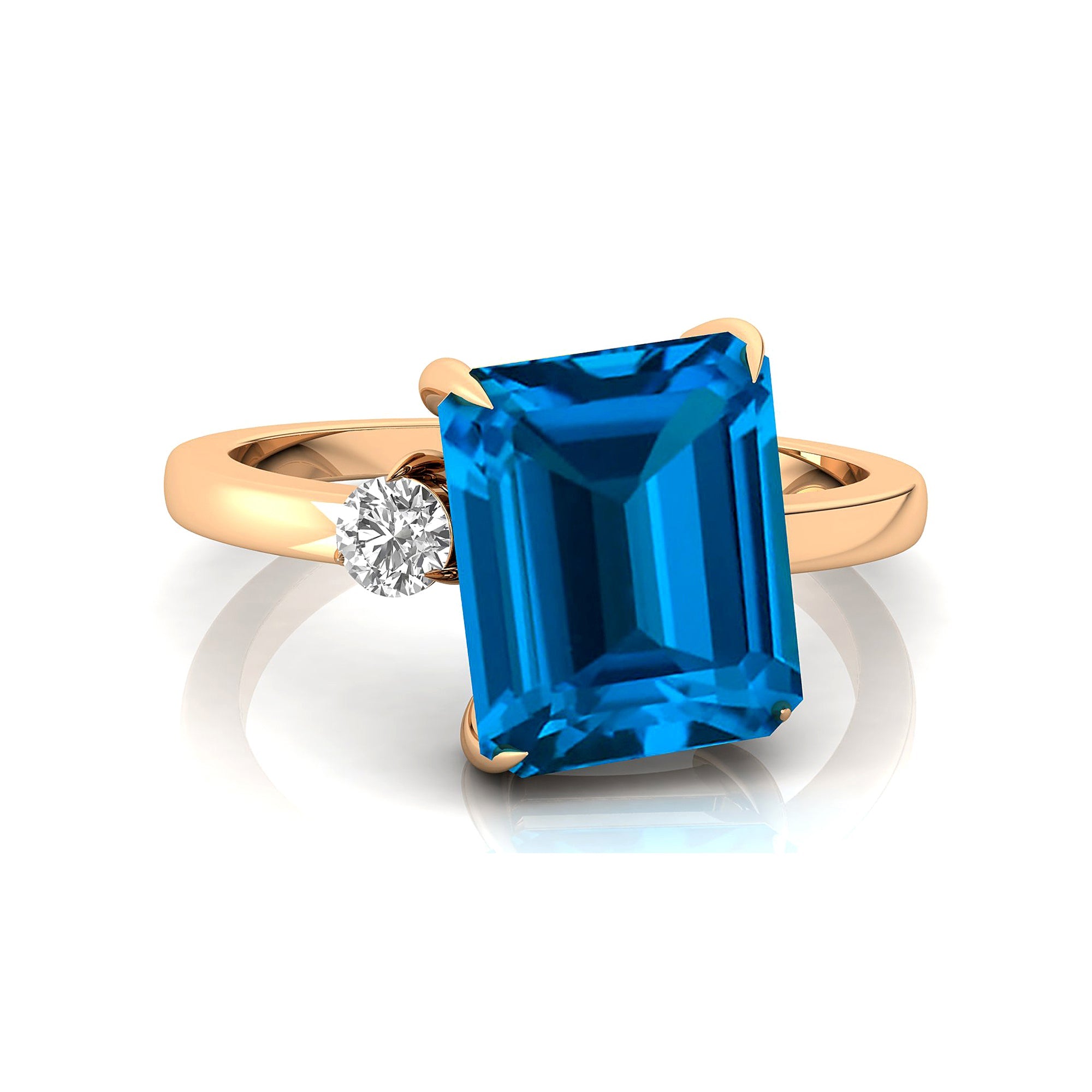 Emerald Shaped Swiss Blue Topaz with 3mm Accent Solitaire Engagement Ring - GeumJewels
