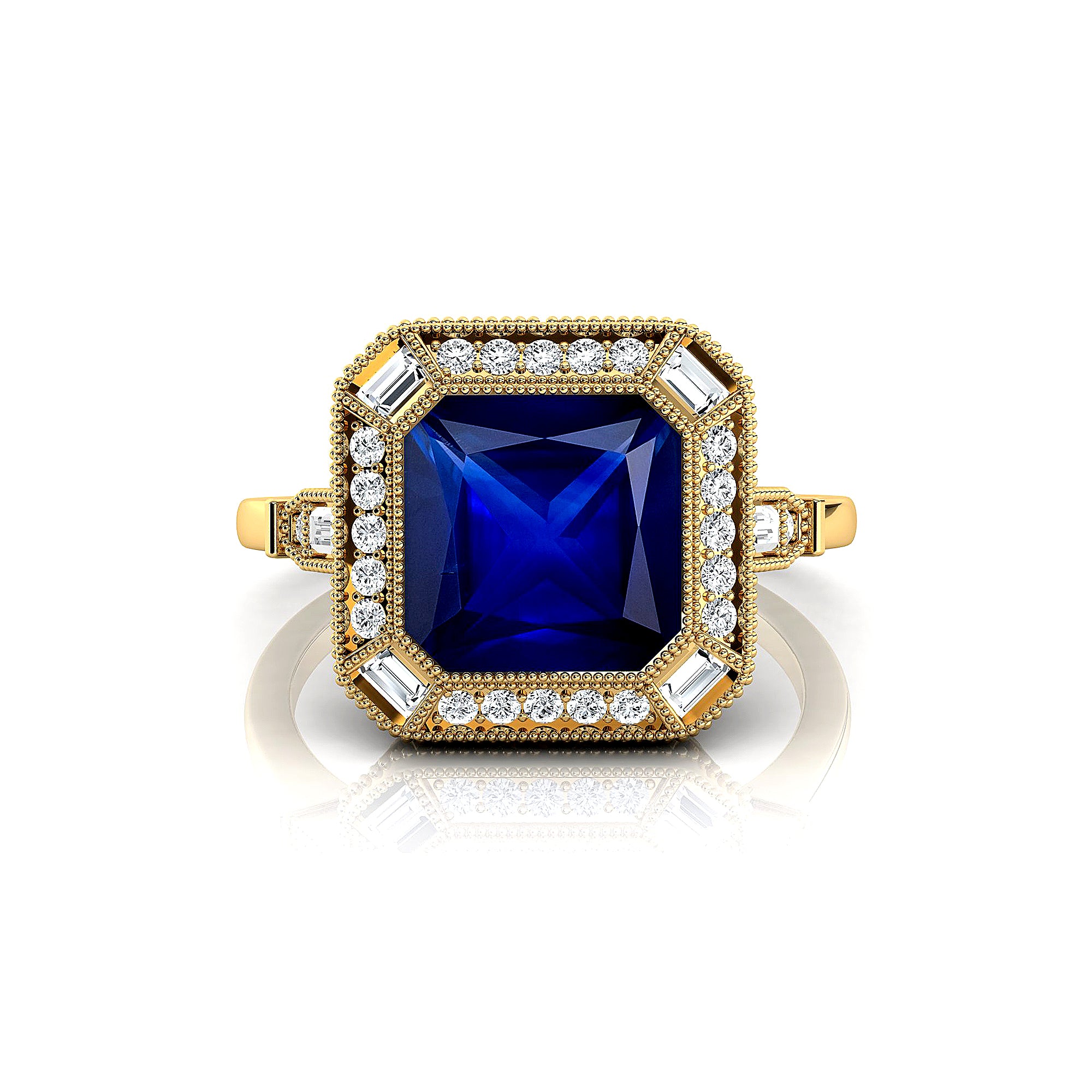 Vintage Style Square Cut Blue Sapphire Diamond Ring - GeumJewels