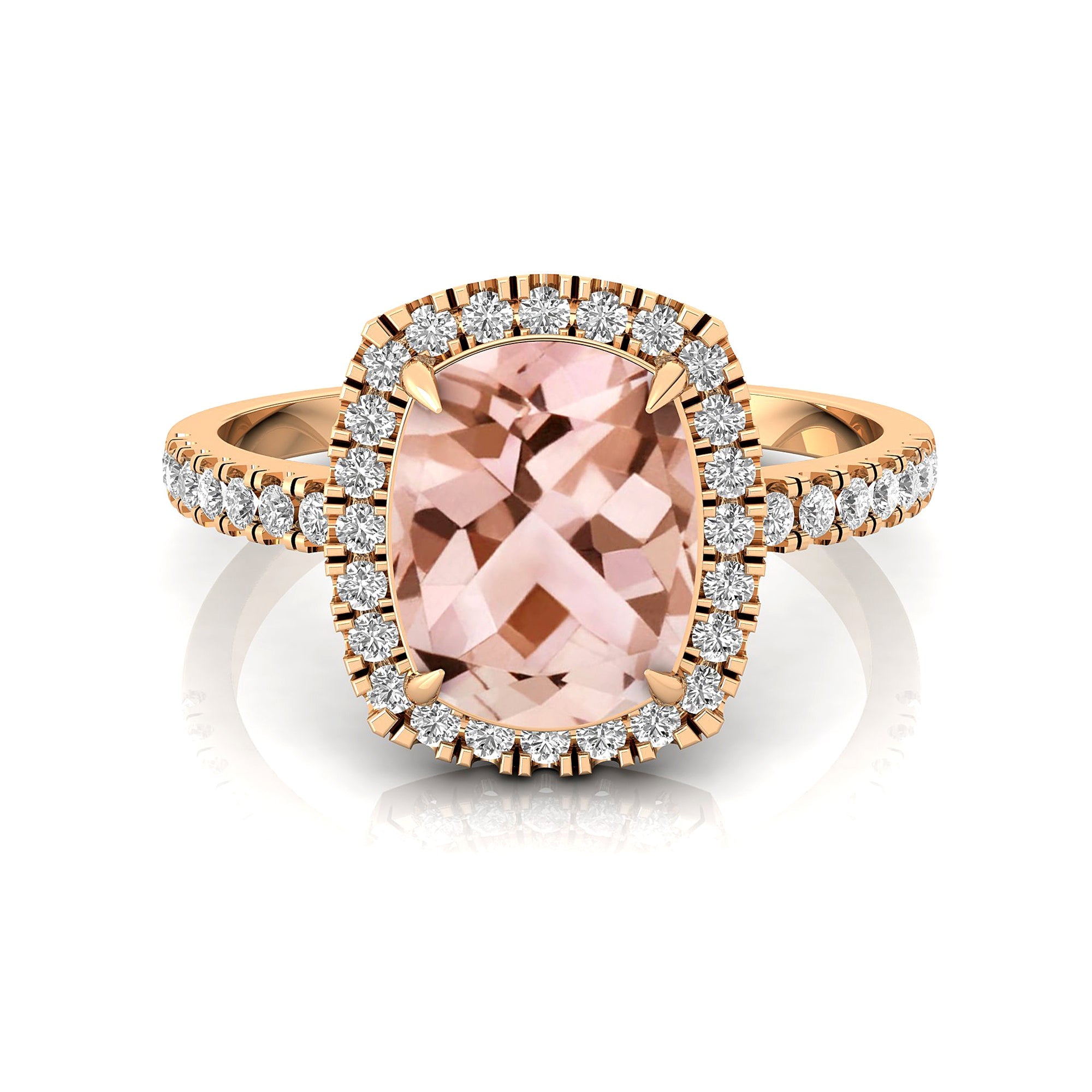 Elongated Cushion Halo Set Morganite Engagement Ring with Diamond Band - GeumJewels
