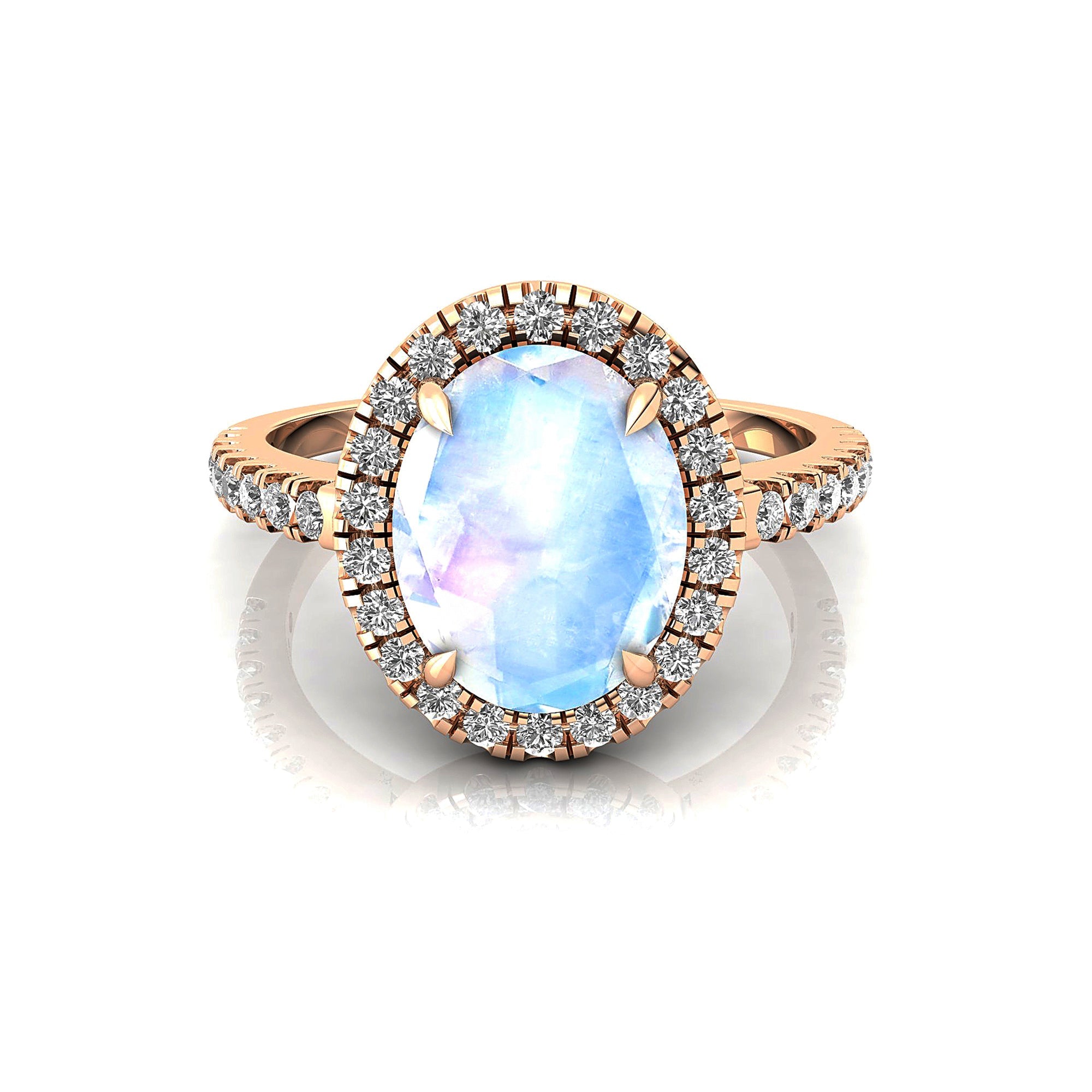 Oval Solitaire Moonstone Halo Diamond Engagement Ring - GeumJewels