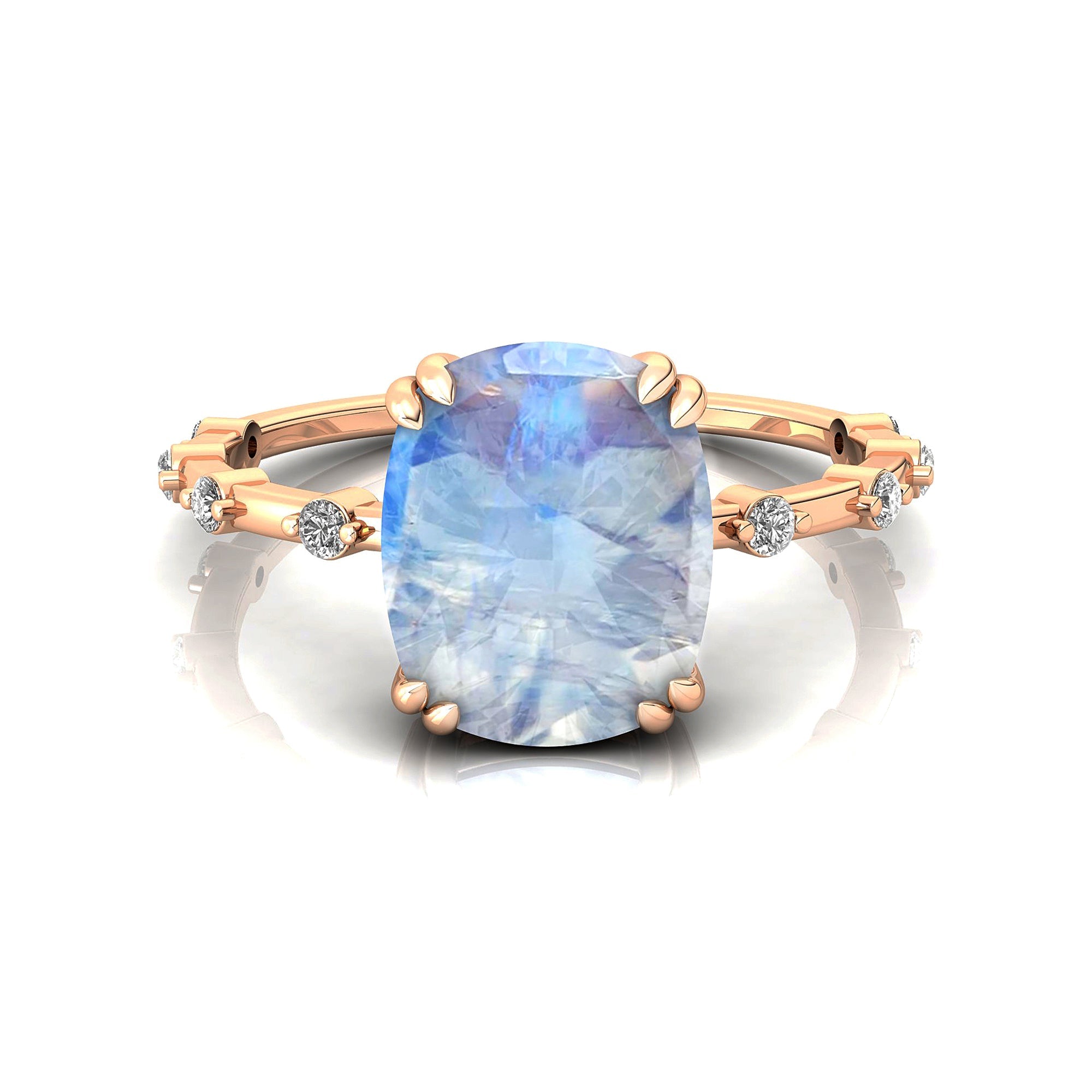 Cushion Cut Moonstone Engagement Ring with Distant Diamond Band - GeumJewels