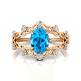 Flower Inspired Ring with Oval Shaped Swiss Blue Topaz and Accent Diamonds - GeumJewels