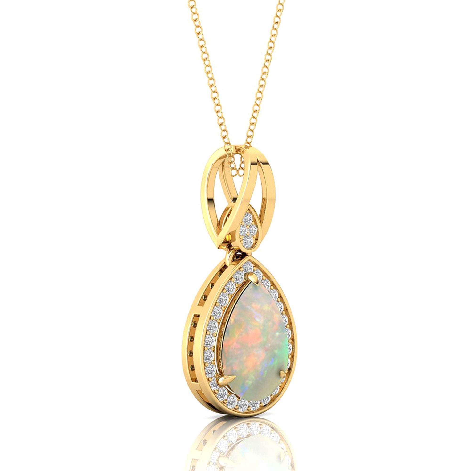 Classic Teardrop Shaped Opal Halo Diamond Dangle Pendant - GeumJewels