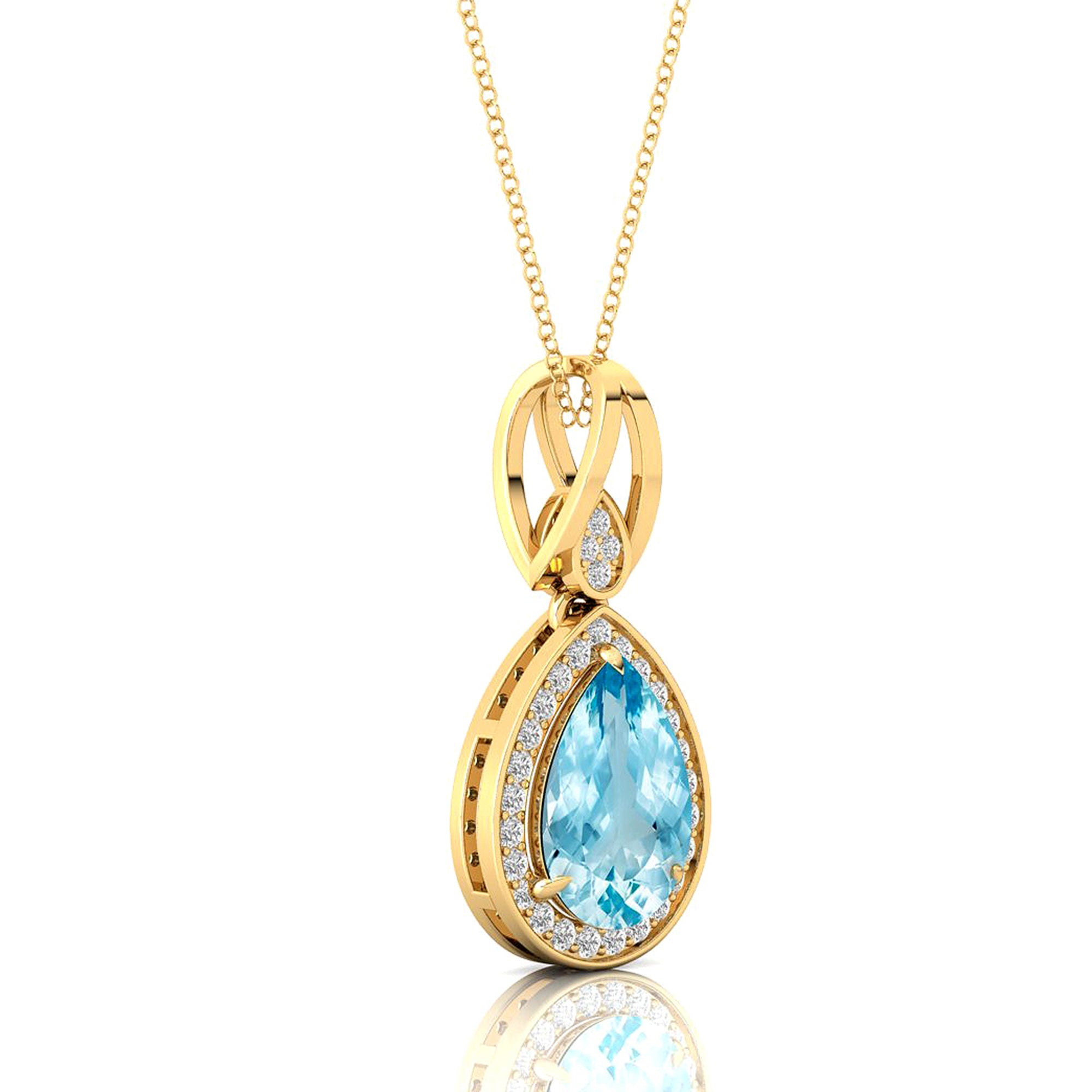 Classic Teardrop Shaped Aquamarine Halo Diamond Dangle Pendant - GeumJewels