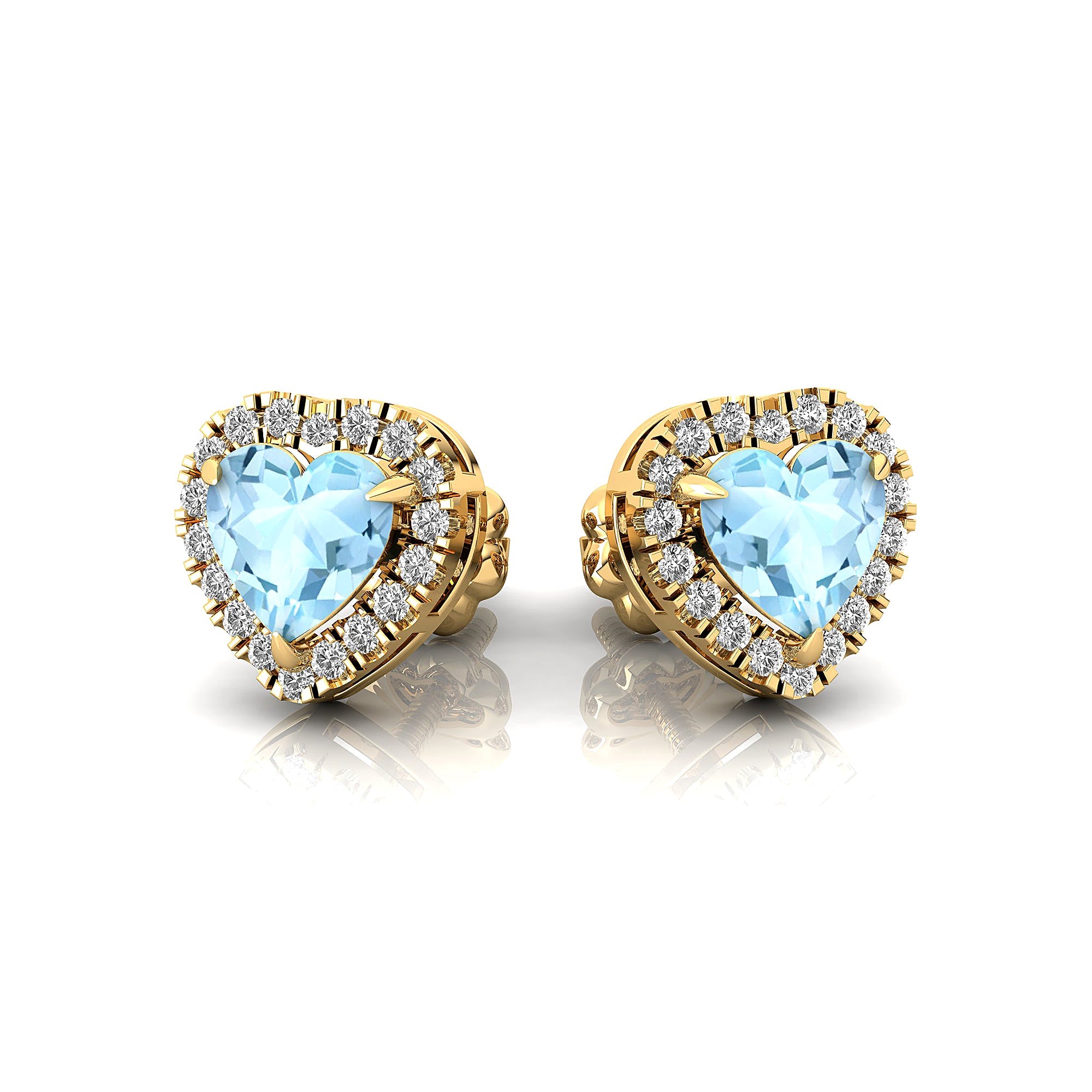 Heart Shaped Aquamarine Halo Diamond Stud Earrings - GeumJewels