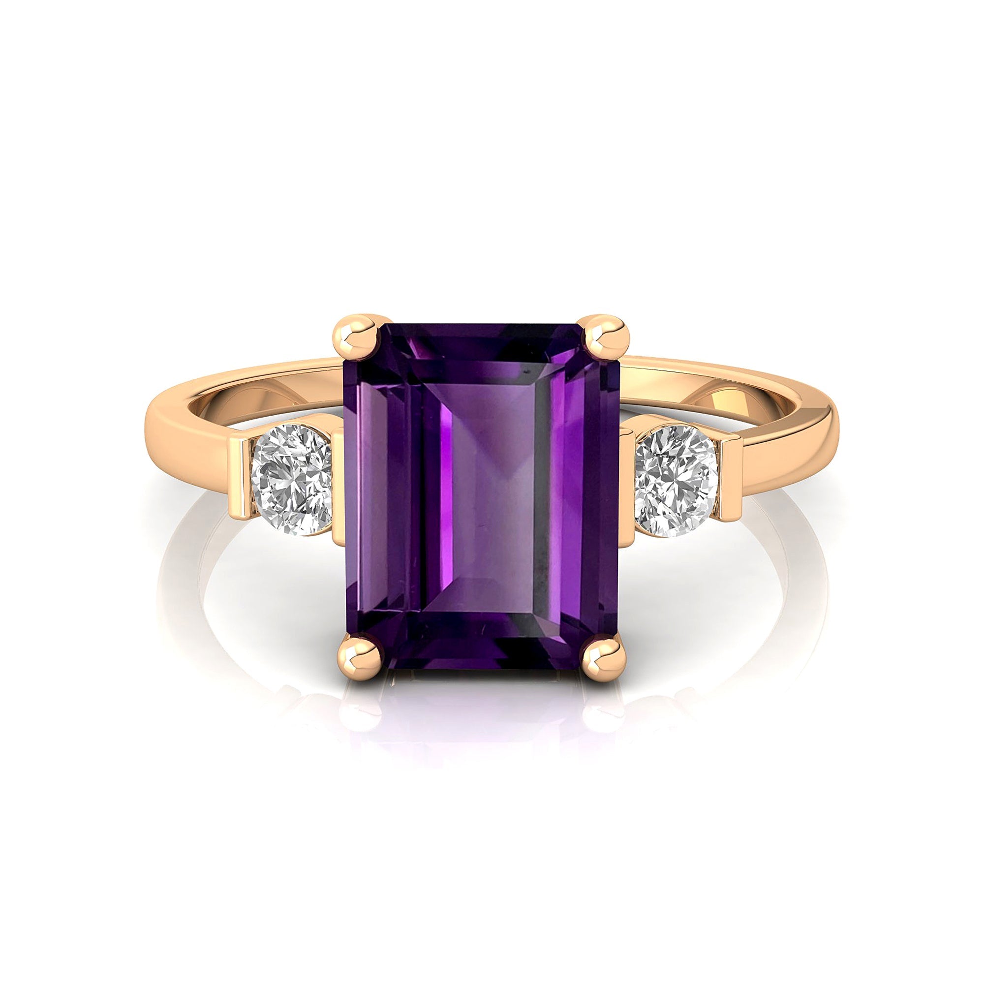 Emerald Cut Amethyst and Diamond Three Stone Ring - GeumJewels