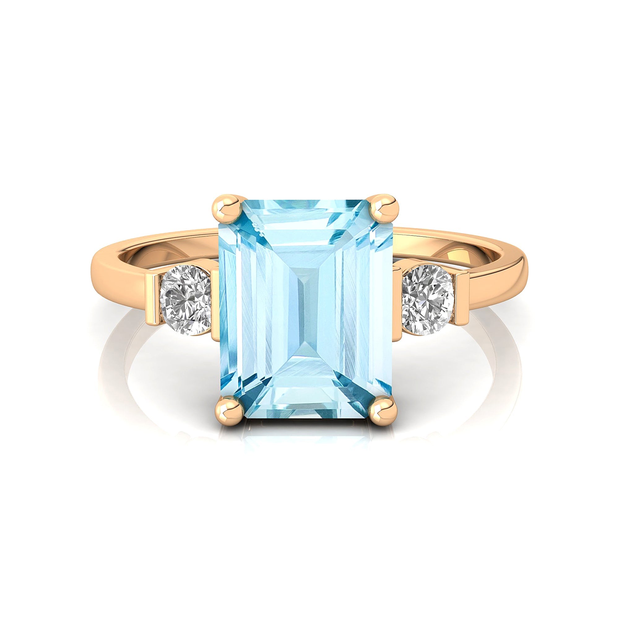 Emerald Cut Aquamarine and Diamond Three Stone Ring - GeumJewels