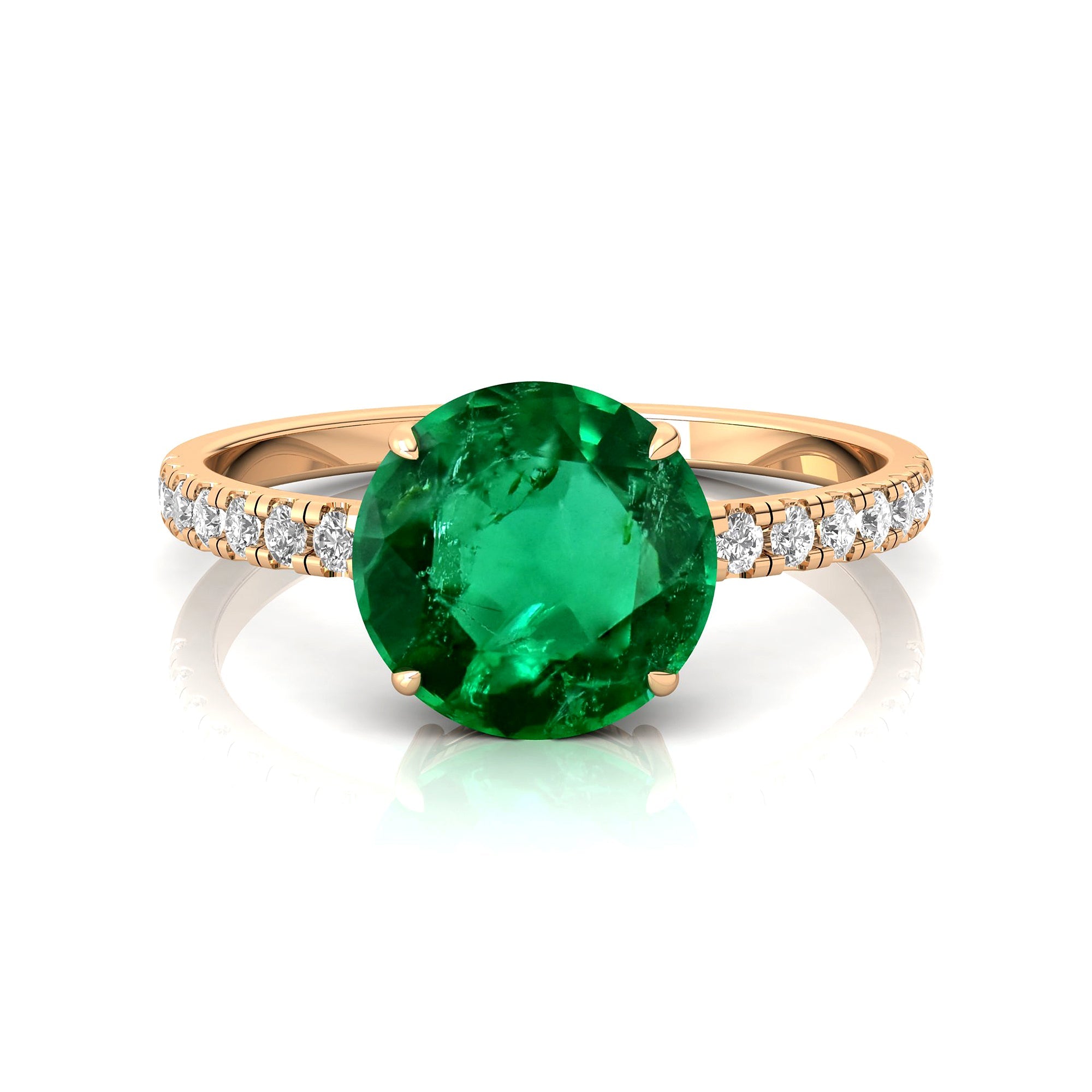 Classic Six Prong Round Solitaire Emerald Ring with Accent Diamond Band - GeumJewels