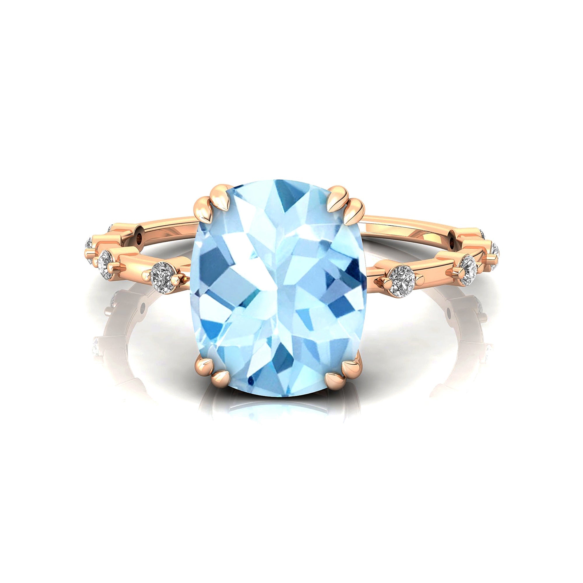 Cushion Cut Aquamarine Engagement Ring with Distant Diamond Band - GeumJewels
