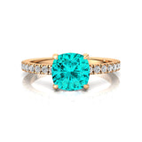Paraiba Tourmaline Square Cushion Under Halo Diamonds Thin Ring with Diamond Band - GeumJewels