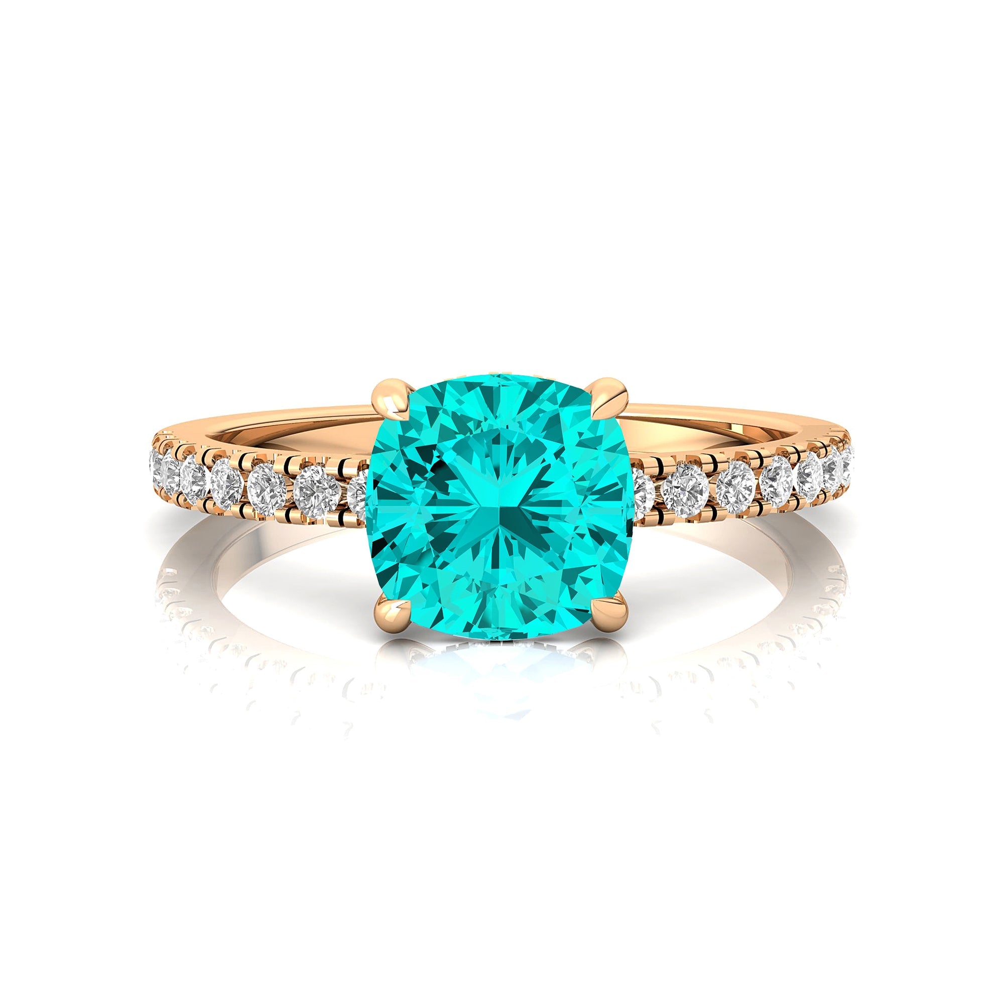 Paraiba Tourmaline Square Cushion Under Halo Diamonds Thin Ring with Diamond Band - GeumJewels
