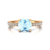 Aquamarine Square Cushion Under Halo Diamonds Thin Ring with Diamond Band - GeumJewels