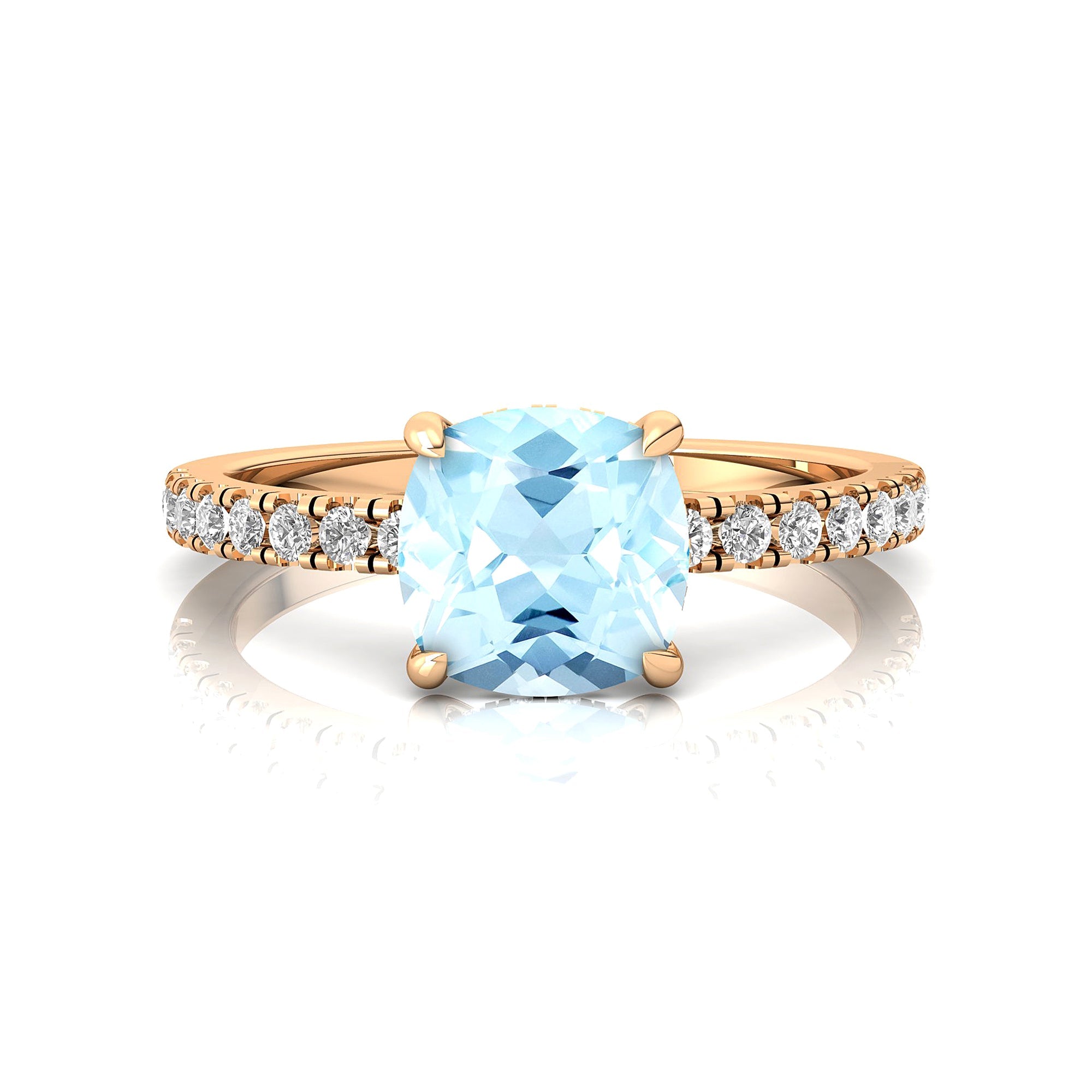 Aquamarine Square Cushion Under Halo Diamonds Thin Ring with Diamond Band - GeumJewels