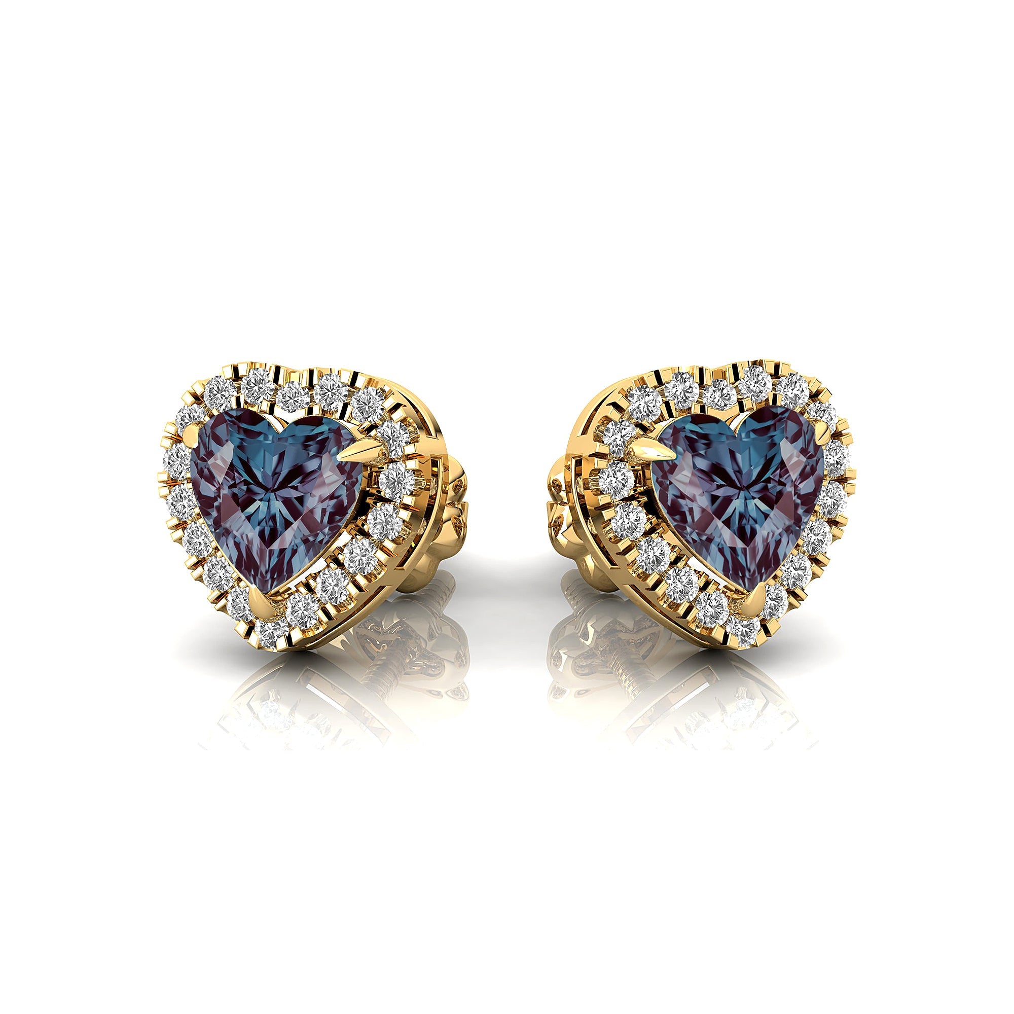 Heart Shaped Alexandrite Halo Diamond Stud Earrings - GeumJewels