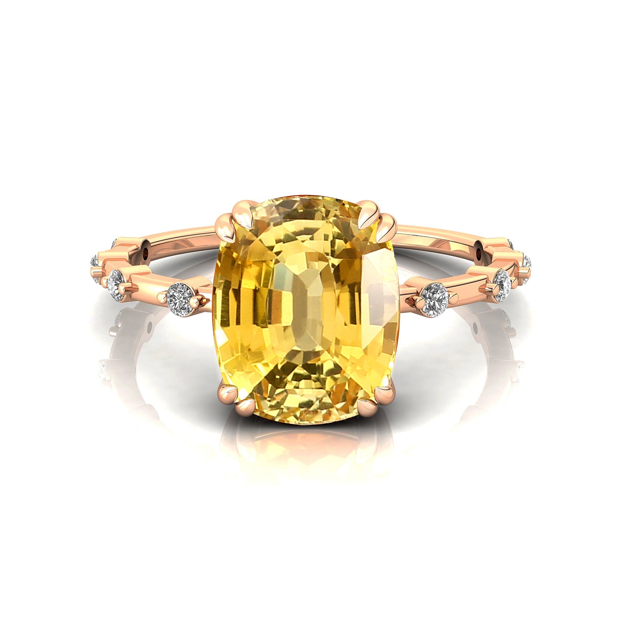Cushion Cut Yellow Sapphire Engagement Ring with Distant Diamond Band - GeumJewels