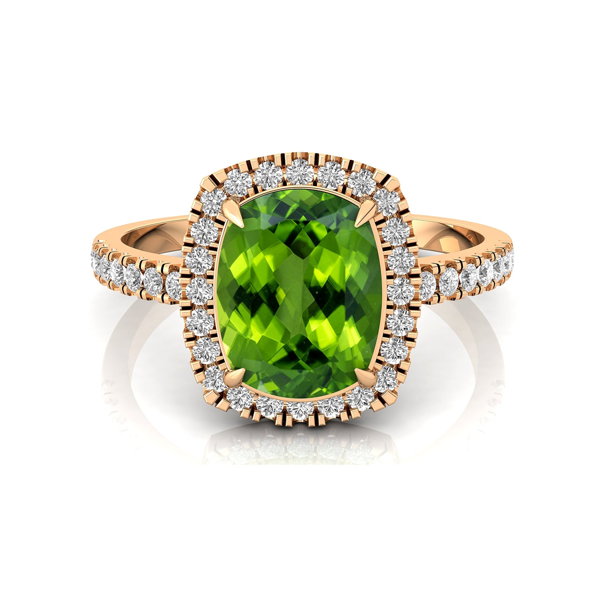 Elongated Cushion Halo Set Peridot Engagement Ring with Diamond Band - GeumJewels