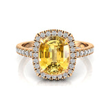 Elongated Cushion Halo Set Yellow Sapphire Engagement Ring with Diamond Band - GeumJewels