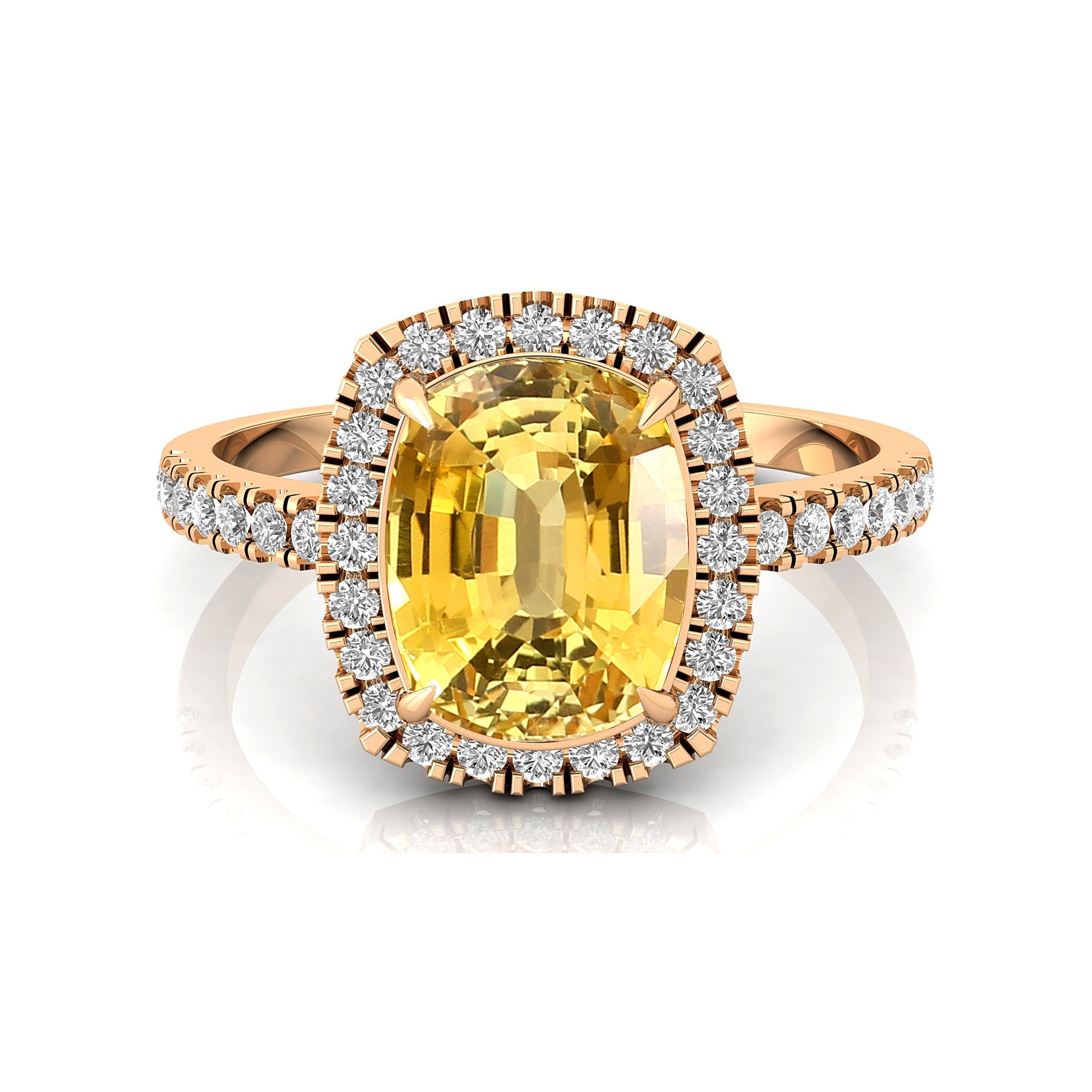 Elongated Cushion Halo Set Yellow Sapphire Engagement Ring with Diamond Band - GeumJewels