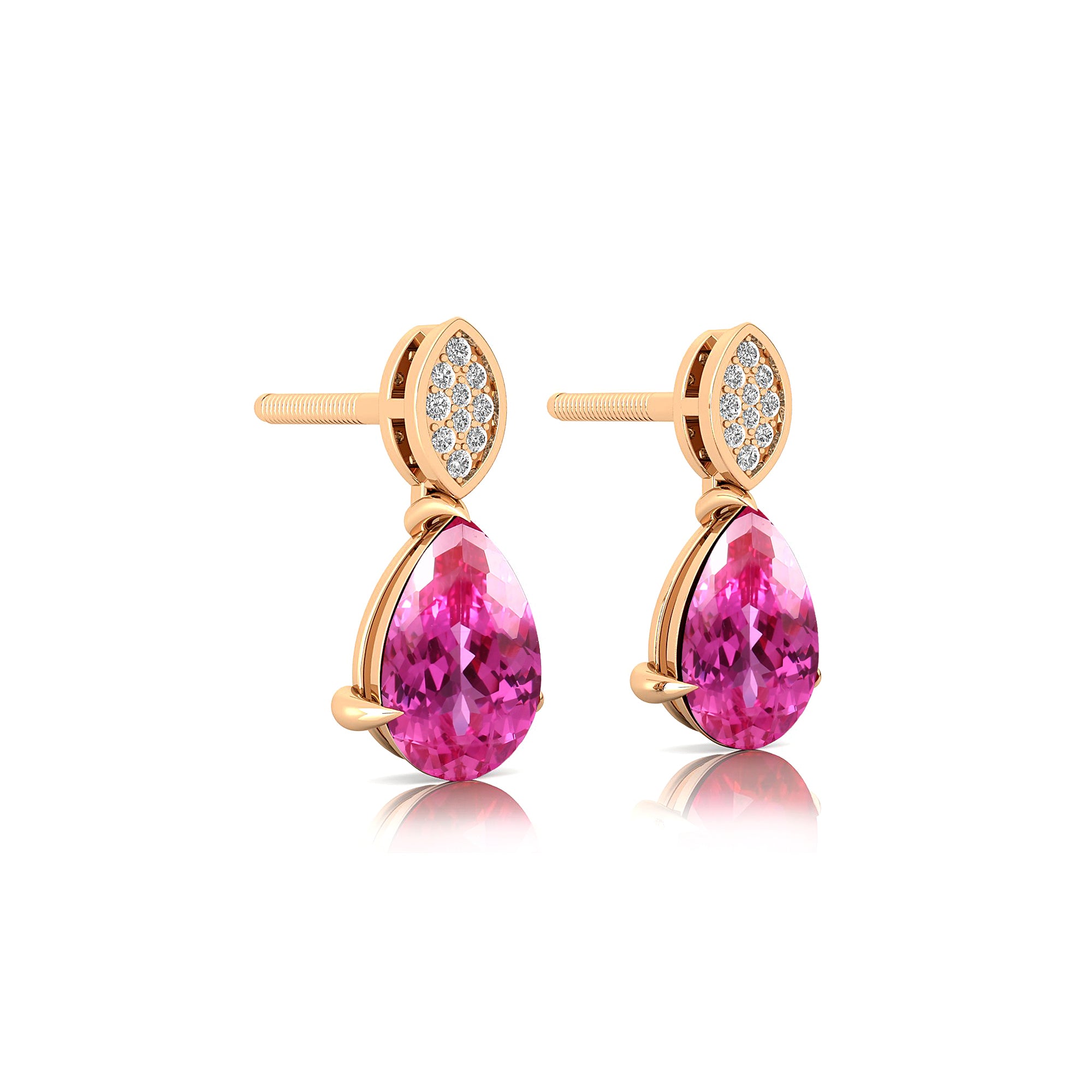 Illussion Set Diamond Earrings with Pear Cut Pink Sapphire - GeumJewels