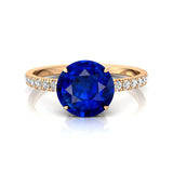 Classic Six Prong Round Solitaire Blue Sapphire Ring with Accent Diamond Band - GeumJewels
