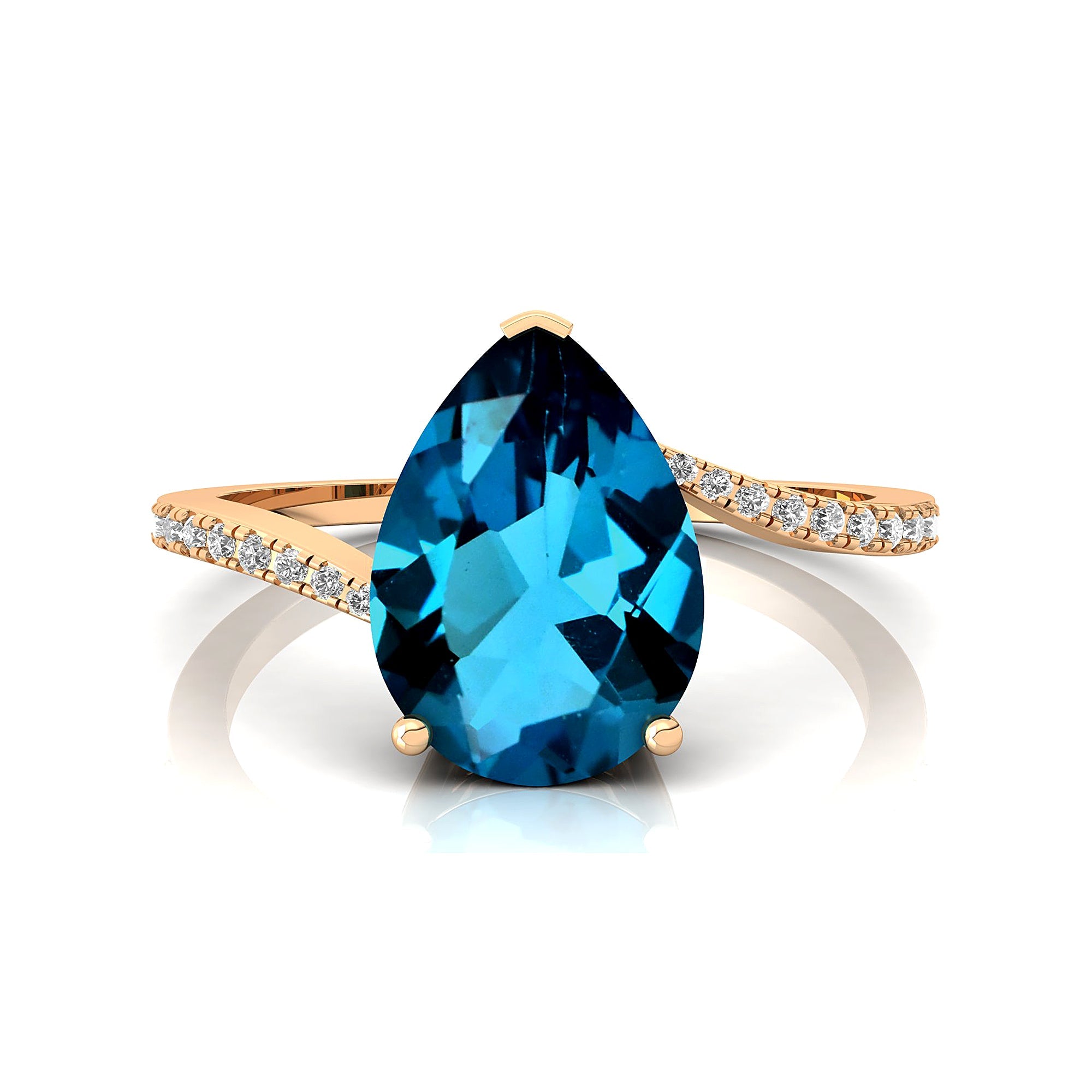 Twisted Up Down Band Pear Shaped London Blue Topaz Ring with Accent Diamonds - GeumJewels