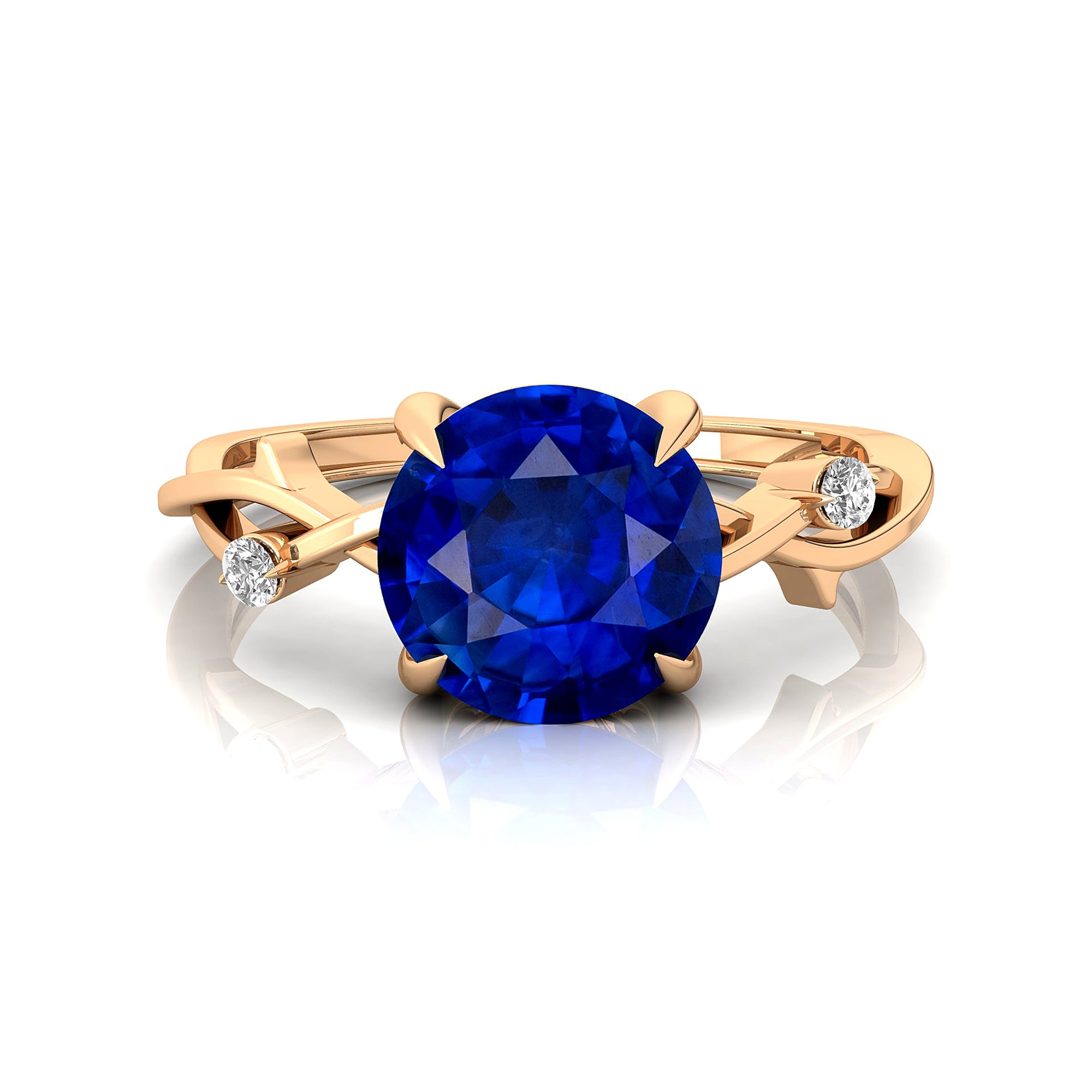 Criss Cross Nature Inspired Diamond Ring with Round Blue Sapphire - GeumJewels