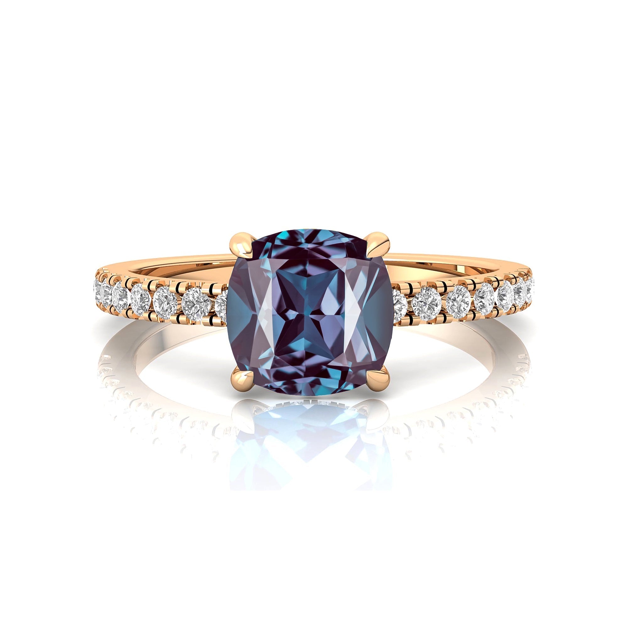 Alexandrite Square Cushion Under Halo Diamonds Thin Ring with Diamond Band - GeumJewels