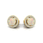 Round Solitaire Opal Halo Diamond Stud Earrings - GeumJewels