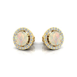 Round Solitaire Opal Halo Diamond Stud Earrings - GeumJewels
