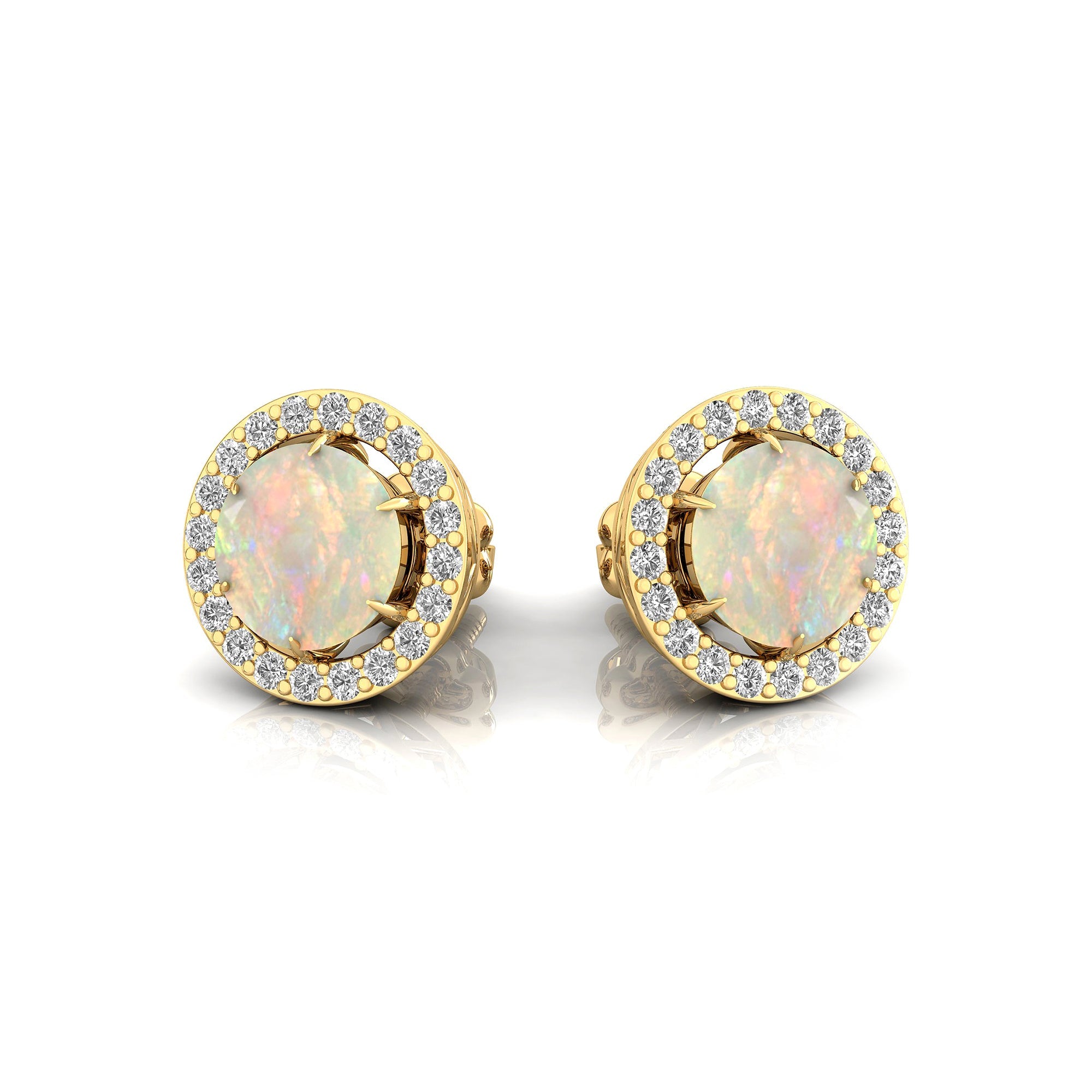 Round Solitaire Opal Halo Diamond Stud Earrings - GeumJewels