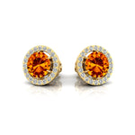 Round Solitaire Citrine Halo Diamond Stud Earrings - GeumJewels