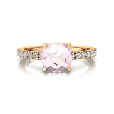 Morganite Square Cushion Under Halo Diamonds Thin Ring with Diamond Band - GeumJewels