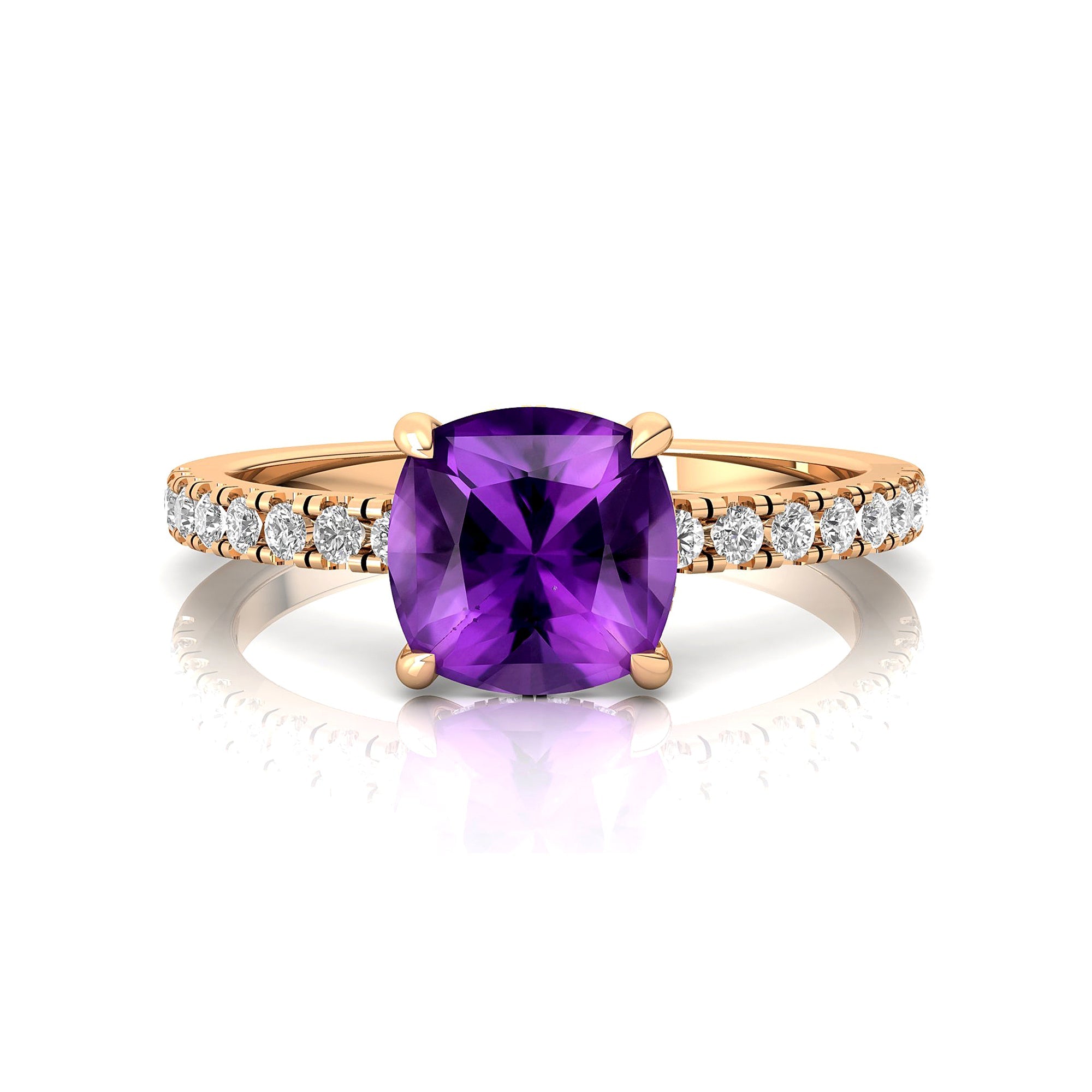 Amethyst Square Cushion Under Halo Diamonds Thin Ring with Diamond Band - GeumJewels
