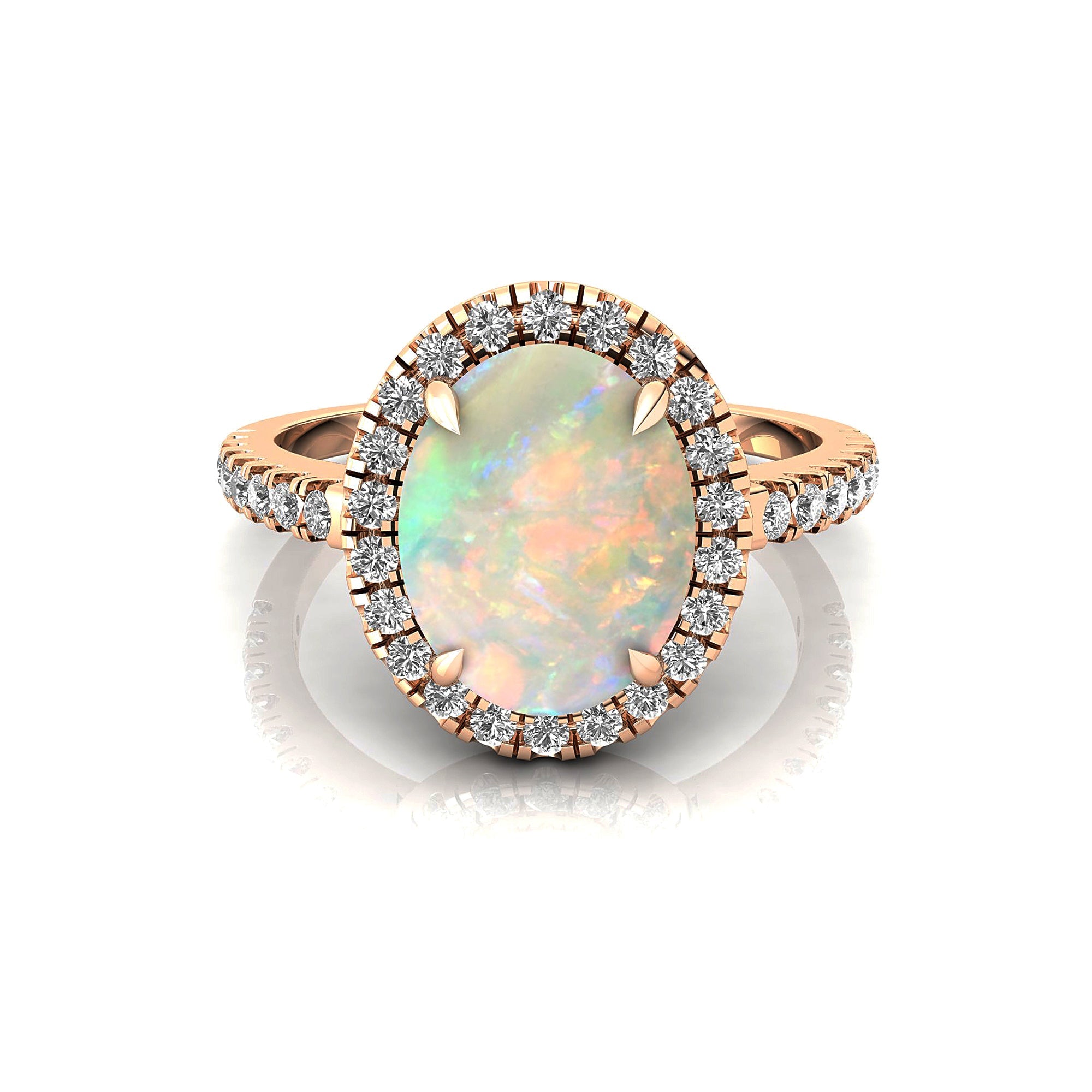 Oval Solitaire Opal Halo Diamond Engagement Ring - GeumJewels
