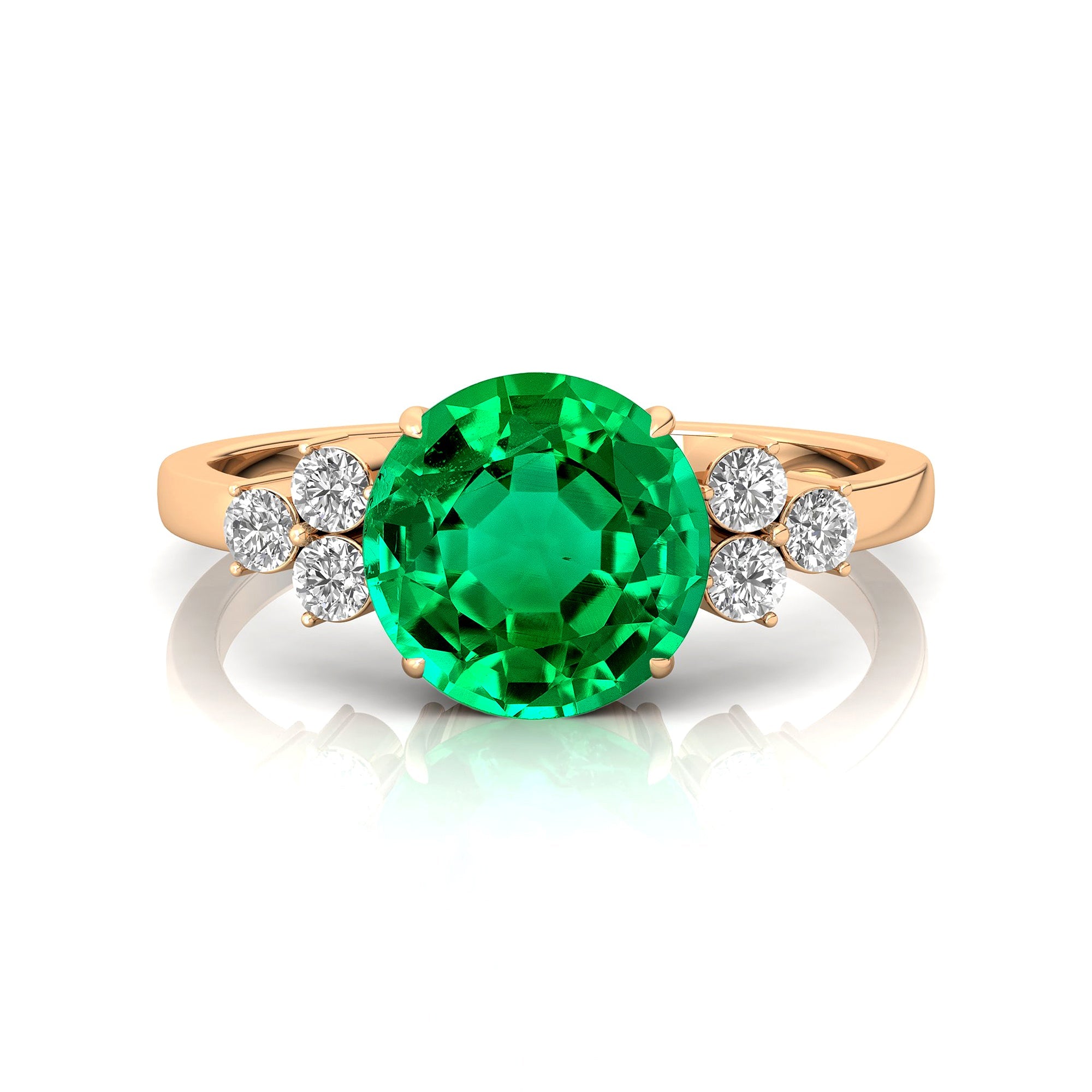 Trio Diamond Engagement Ring with Round Solitaire Emerald - GeumJewels