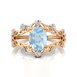 Flower Inspired Ring with Oval Shaped Aquamarine and Accent Diamonds - GeumJewels