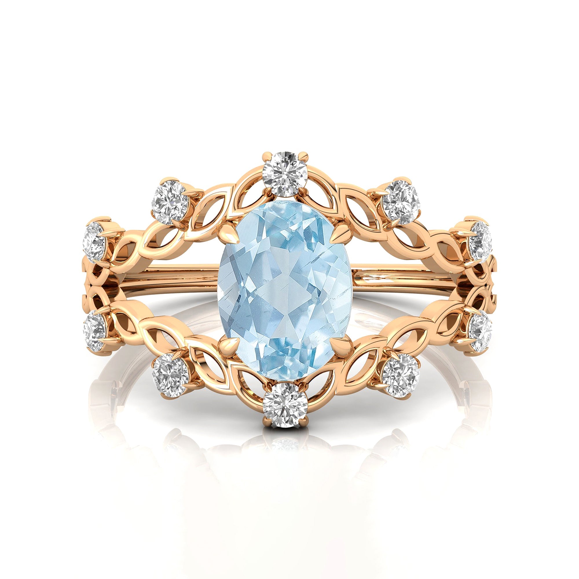 Flower Inspired Ring with Oval Shaped Aquamarine and Accent Diamonds - GeumJewels