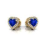 Heart Shaped Blue Sapphire Halo Diamond Stud Earrings - GeumJewels